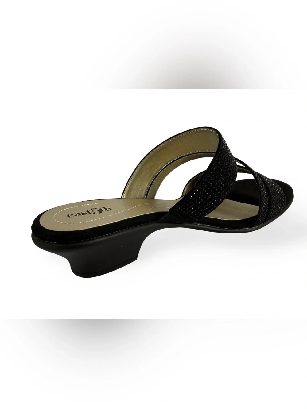 East 5th Black Rhinestone Triple-Strap Slide Sandals